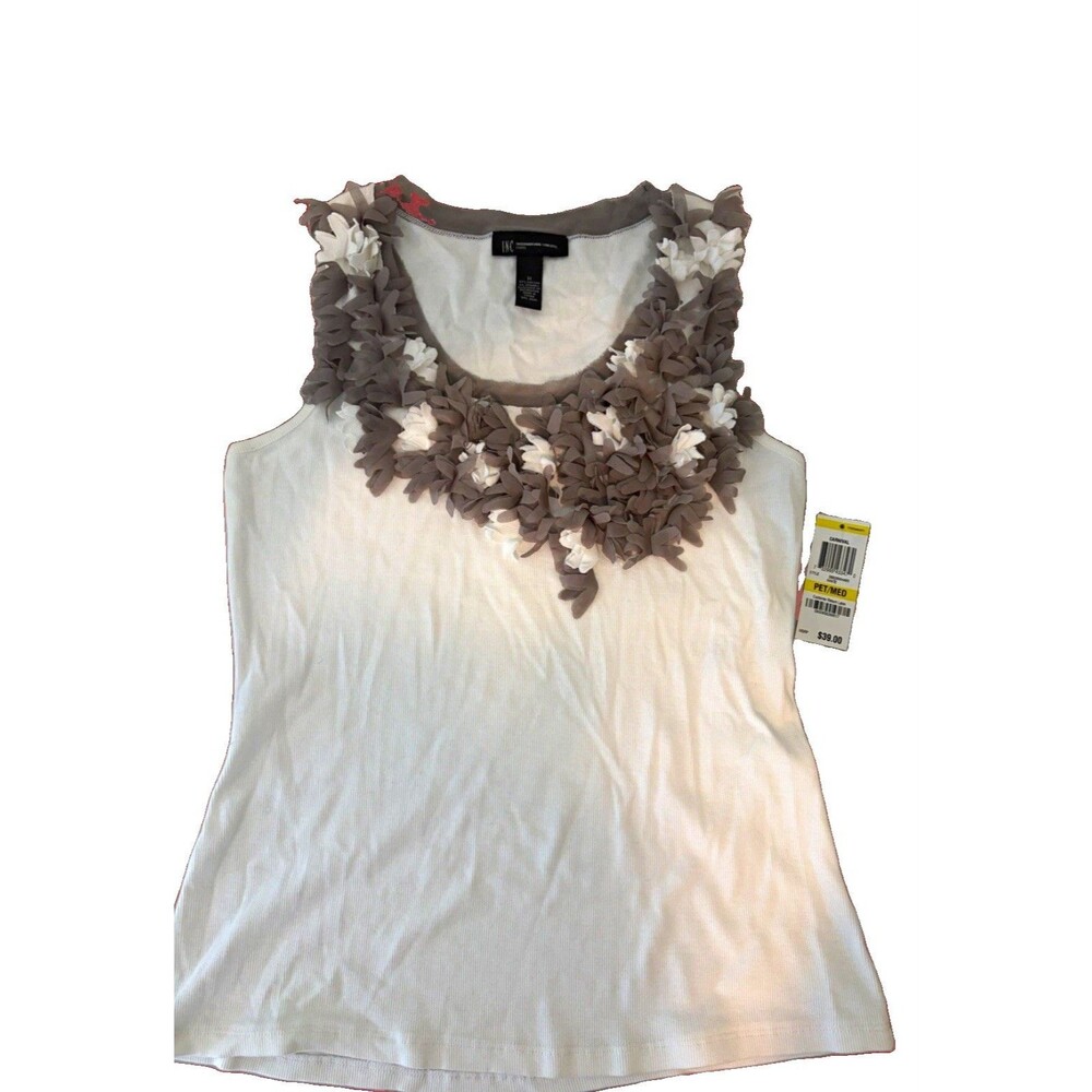 INC International Concepts Petite PM White Knit Tank Scoop Neck 3D Floral Accent